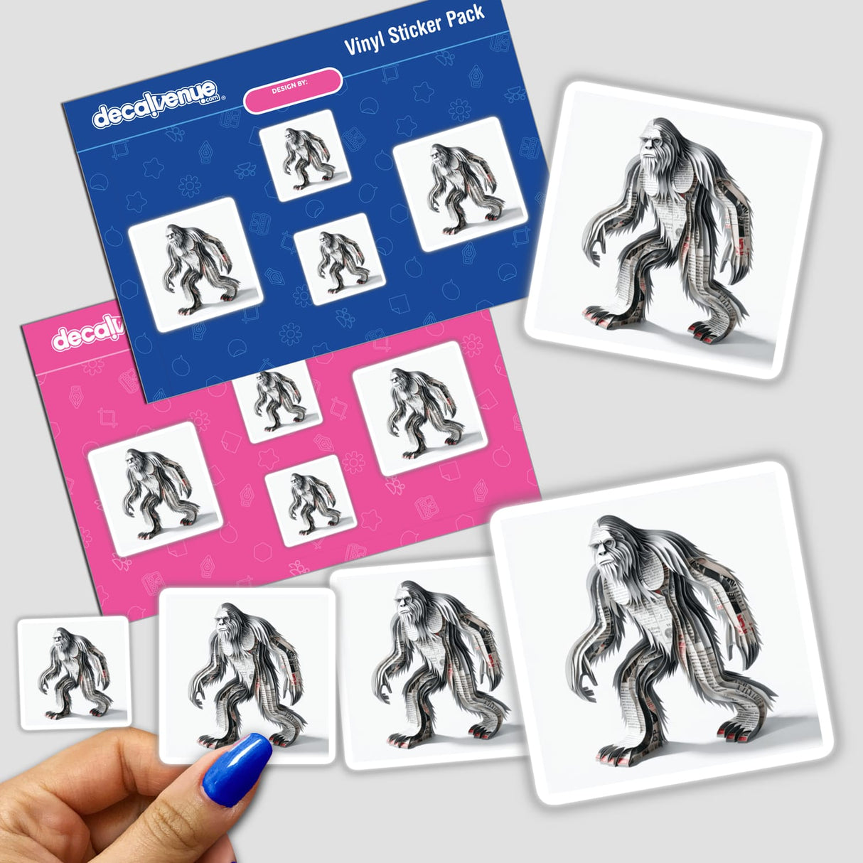 Sasquatch Newspaper Art stickers featuring hand-drawn yetis and Bigfoots, perfect for unique decor. Available as stickers or digital artwork from Decal Venue.