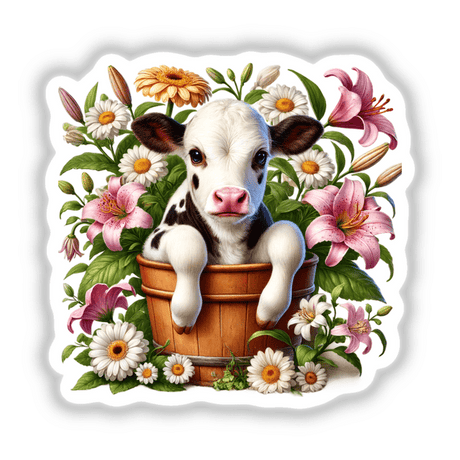 Spotted Cow Peeking Out of Flower Pot