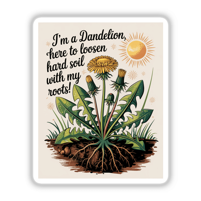 Dandelion Soil Savior Clipart & Sticker showcases a yellow dandelion with green leaves and roots, complemented by a sun drawing, available as stickers or digital artwork with commercial rights.