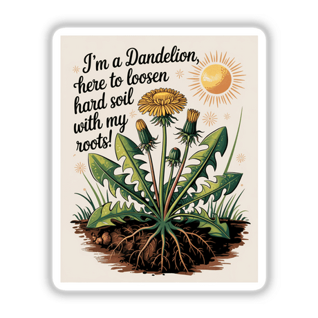 Dandelion Soil Savior Clipart & Sticker showcases a yellow dandelion with green leaves and roots, complemented by a sun drawing, available as stickers or digital artwork with commercial rights.