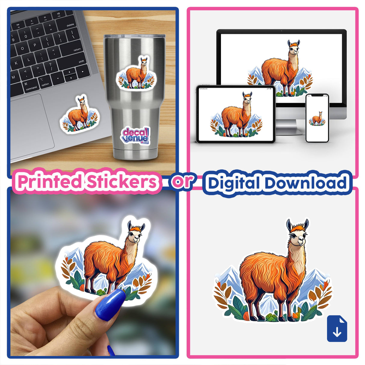 Majestic standing llama digital artwork, featuring a vibrant, colorful illustration of a llama surrounded by nature. Product available as printed stickers or digital download from Decal Venue, an online store offering unique stickers and digital art.