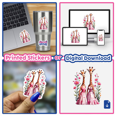 Cute Giraffes in Flower Dresses Sticker captures two giraffes in quirky pink dresses, available as stickers or digital artwork, showcasing fun animal design from Decal Venue.
