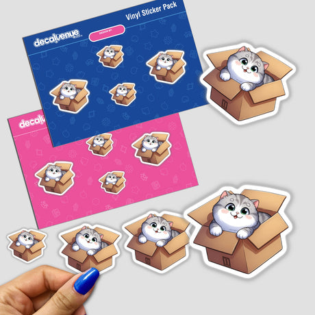 Cat in a Box stickers featuring playful cartoon cats nestled in boxes, available as stickers or digital artwork from Decal Venue. Perfect for adding charm to any surface or digital project.