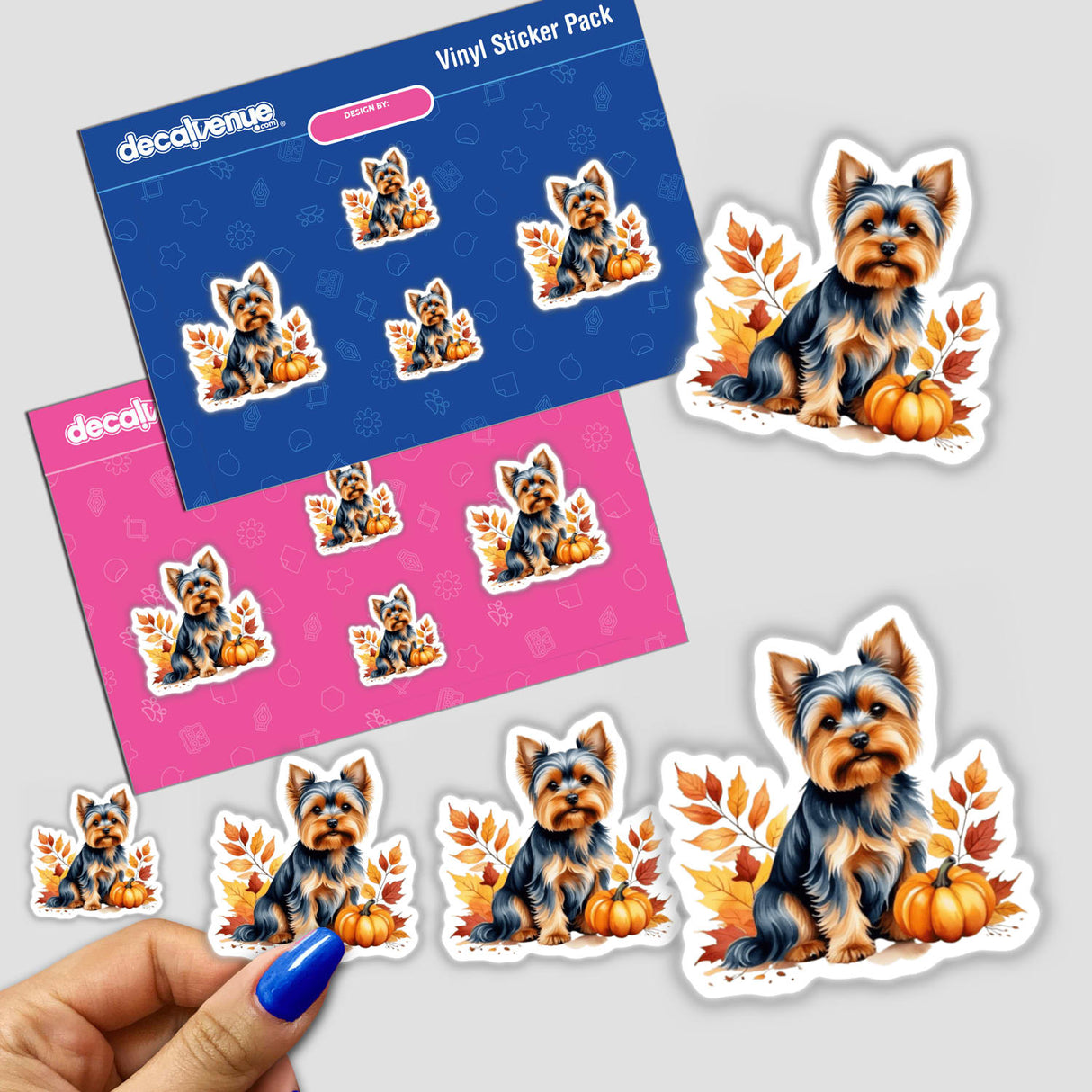 Adorable Yorkshire Terrier Dog Clipart - Fall Aesthetic Stickers featuring a cute dog alongside pumpkins and autumn leaves, available as stickers or digital artwork with commercial rights.