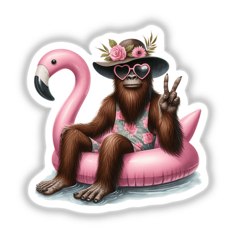 Sasquatch Showing Peace in Flamingo Float depicts a cartoon monkey wearing sunglasses and a hat, sitting on a pink flamingo. Available as stickers or digital artwork at Decal Venue.
