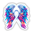 White Awareness Ribbon with Wings sketch featuring colorful feathers, available as vinyl stickers or digital art, embodying Decal Venue's unique artistic style.