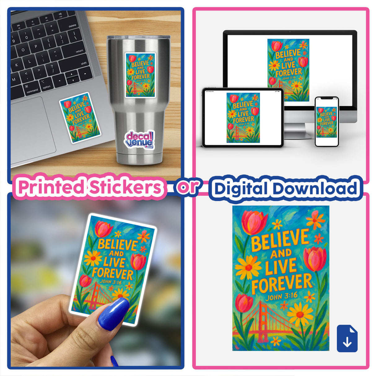 John 3:16 Believe and Live Forever Sticker or Clipart features intricate Golden Gate Floral Art, available as unique stickers or digital artwork with commercial rights.