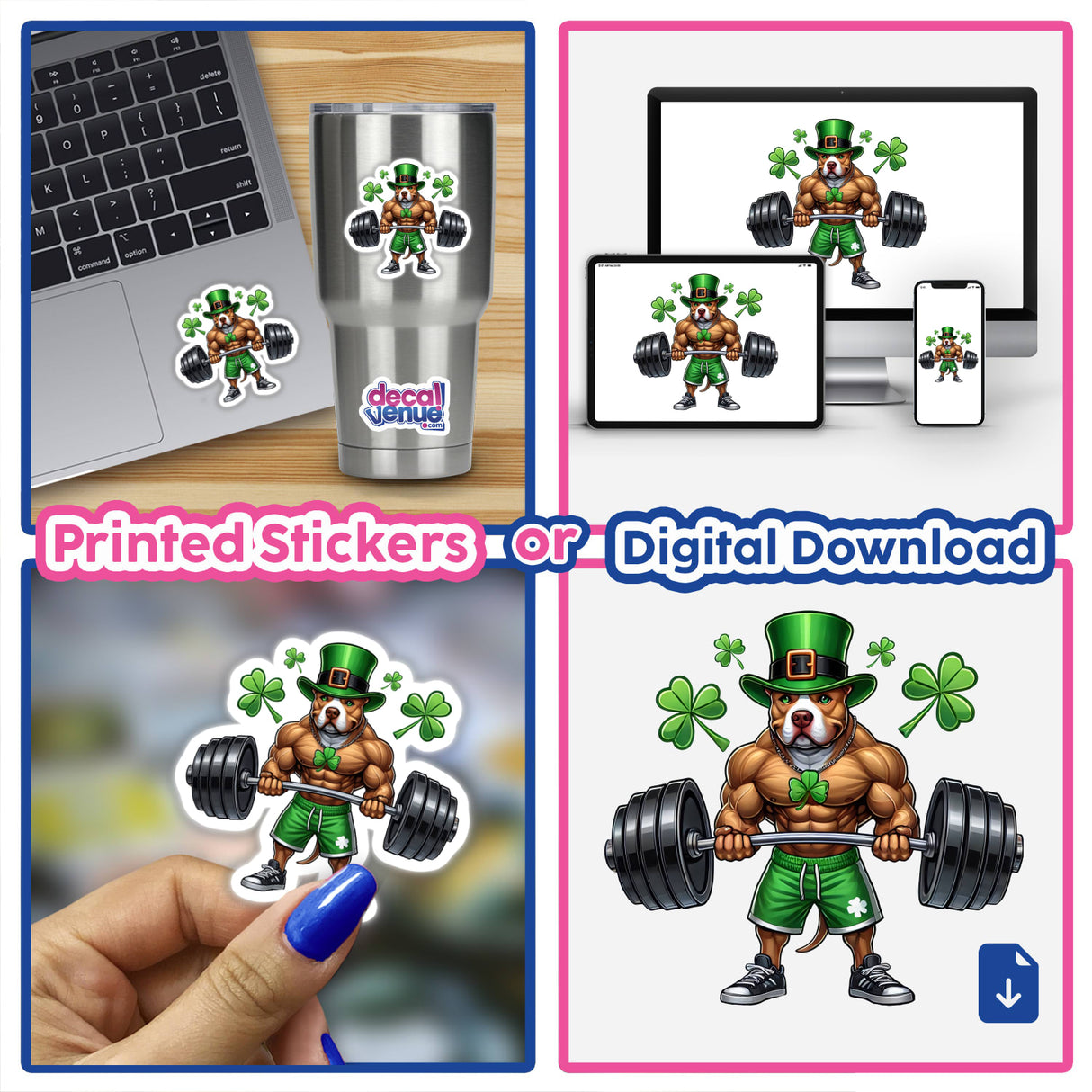 Irish Leprechaun Workout Pitbull Dog illustrated as a muscular dog lifting a barbell, available as a sticker or digital artwork. Part of Decal Venue's unique vinyl sticker and digital art collection.
