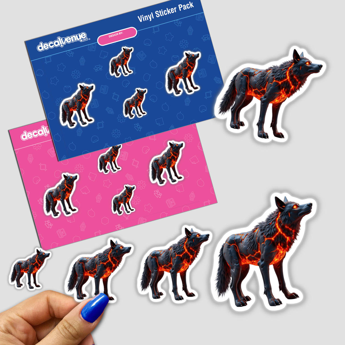 Molten Lava Wolf sticker, featuring a cartoon wolf with fiery lava textures, held in a hand. Available as a sticker or digital artwork from Decal Venue's unique collection.