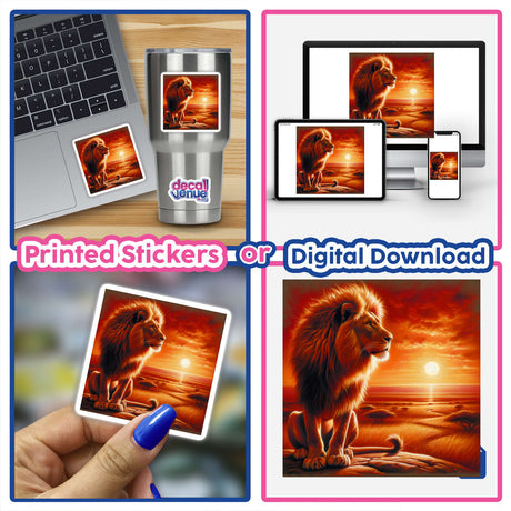 Lion on a Rocky Outcrop at Sunrise sticker collage featuring a majestic lion, available as a digital artwork, ideal for laptops from Decal Venue's unique sticker collection.
