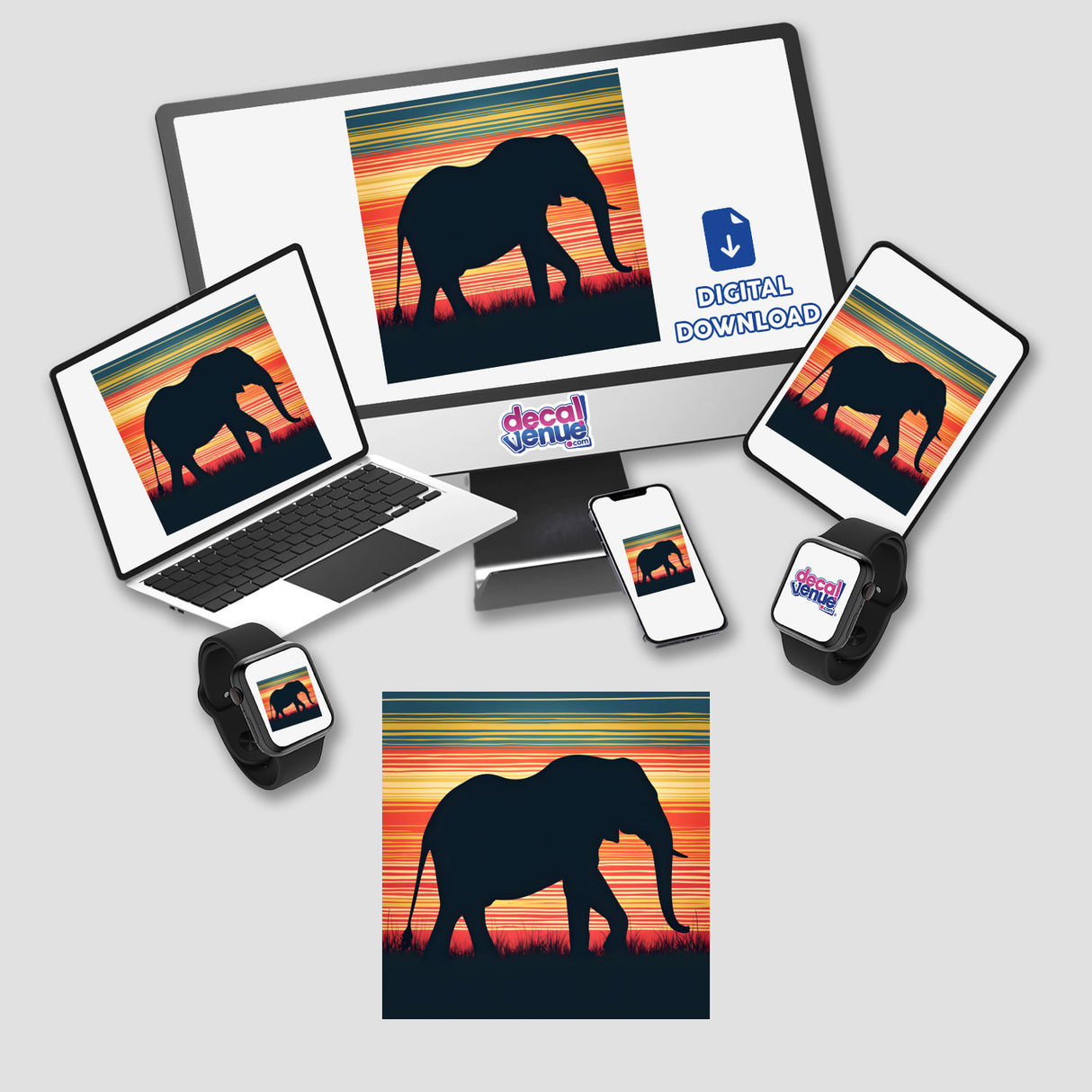 Elephant Silhouette with Vibrant Stripes depicted on a laptop screen among various digital devices; available as stickers or digital artwork.