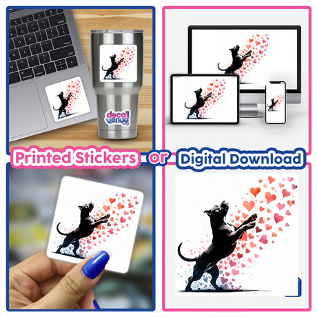 Pitbull Dog Catching Love Hearts - Digital Artwork with a playful pitbull dog silhouette catching heart-shaped stickers in the image.