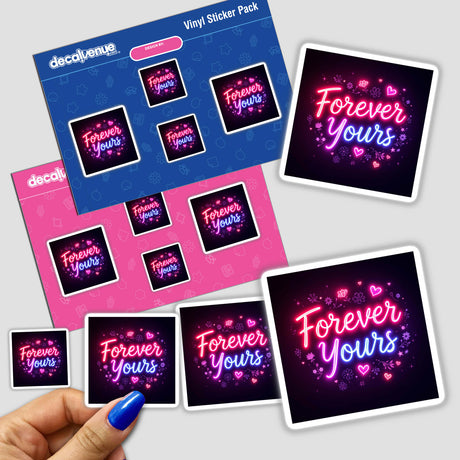 Hand displaying the Forever Yours Radiant Neon Text sticker pack, showcasing vibrant neon-themed designs with text elements. Available as stickers or digital artwork from Decal Venue.