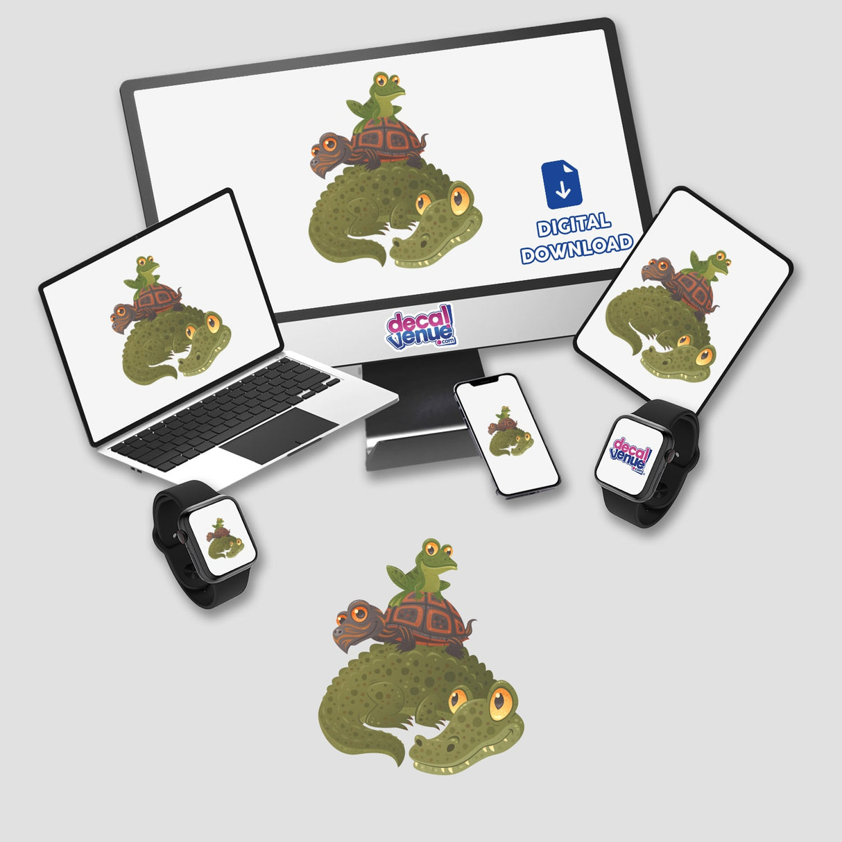 Swamp Squad sticker pack featuring cartoon turtles and alligators displayed on a computer monitor and laptop, highlighting whimsical digital art from Decal Venue.