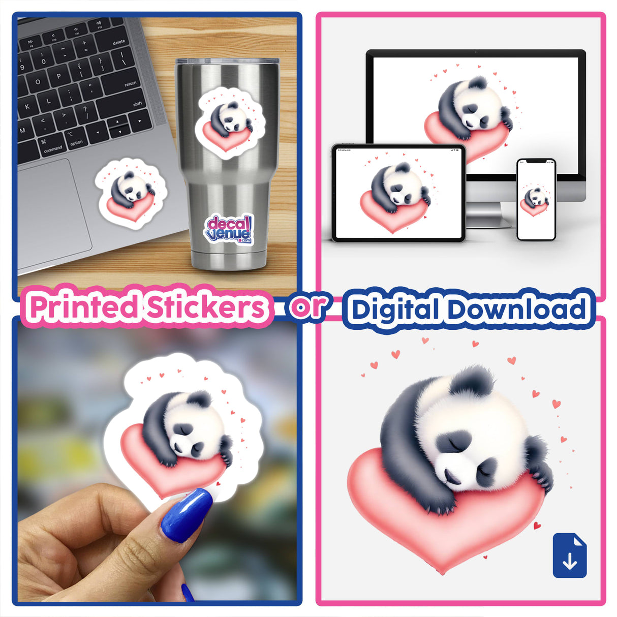 Sleeping Panda on a Heart sticker, featuring a peaceful panda atop a heart, ideal for decorating laptops and notebooks.
