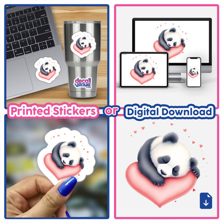 Sleeping Panda on a Heart sticker, featuring a peaceful panda atop a heart, ideal for decorating laptops and notebooks.