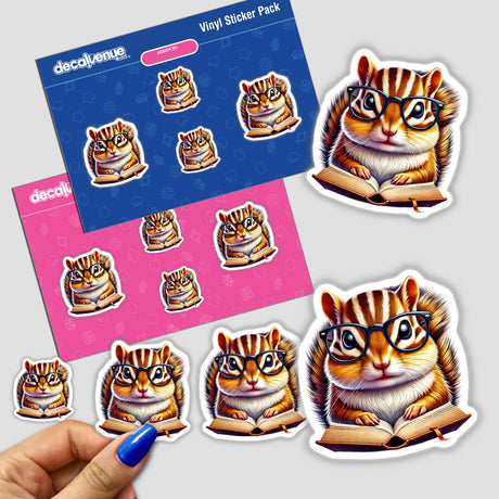 Chipmunk in Reading Glasses Open Book sticker, featuring a chipmunk with glasses engrossed in a book, available as a sticker or digital artwork.