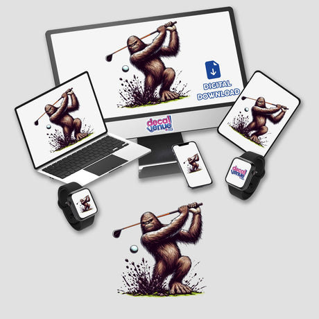 Sasquatch Golfing digital artwork displayed on a computer and laptop screen, featuring a cartoon gorilla swinging a golf club. Available as stickers or digital art from Decal Venue.