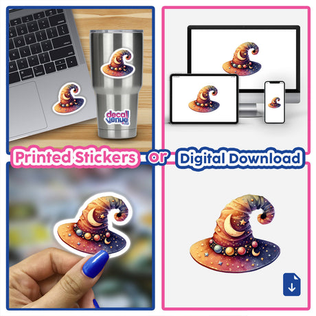 Halloween Hat with Stars and Moons sticker, showcasing a whimsical wizard hat adorned with stars and moons, available as a sticker or digital artwork from Decal Venue.