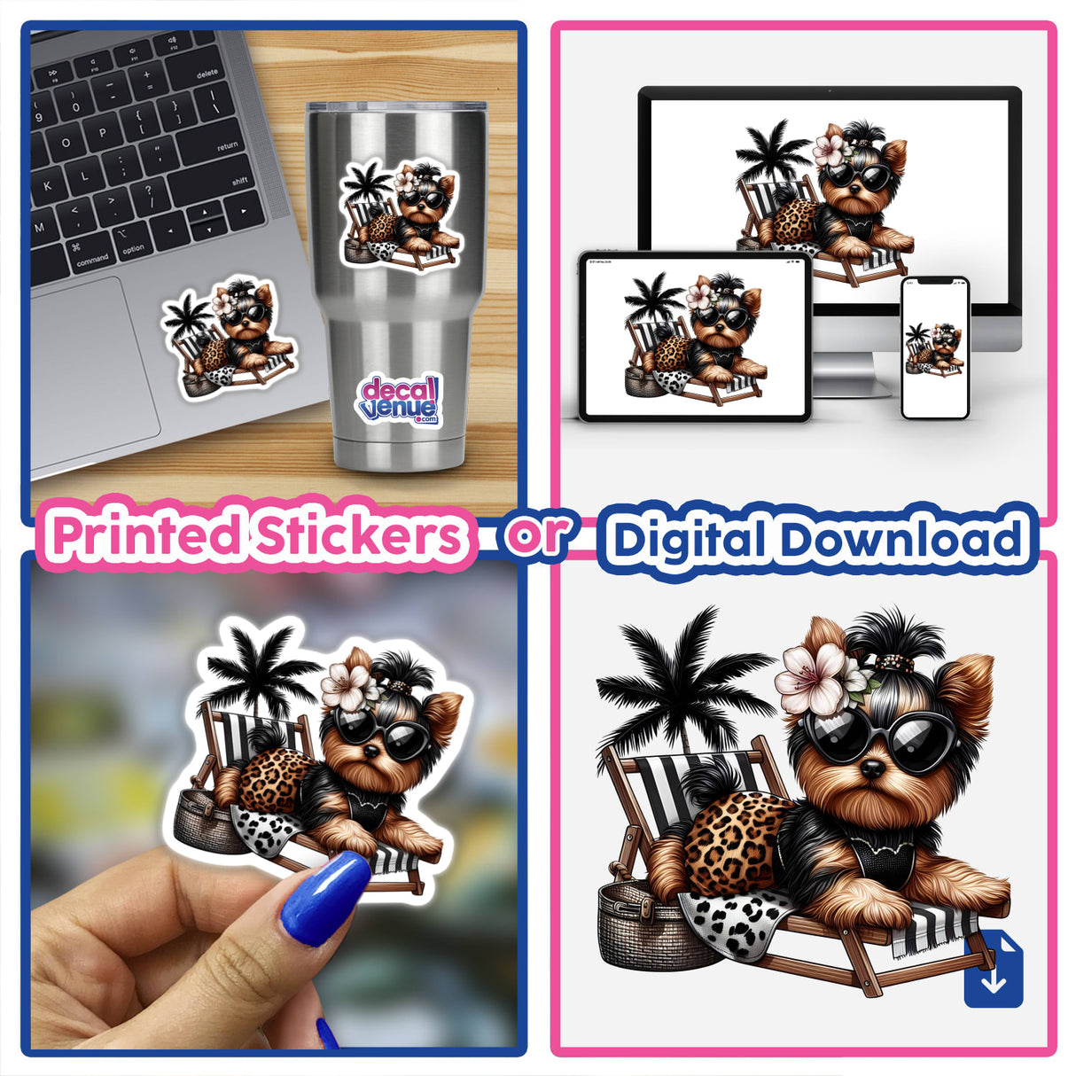 Vibrant digital artwork featuring a sassy Yorkie dog in a beach-themed design, with palm trees, sunglasses, and tropical accessories. The product is available as printed stickers or a digital download, showcasing the versatility and unique style from Ella Designz.
