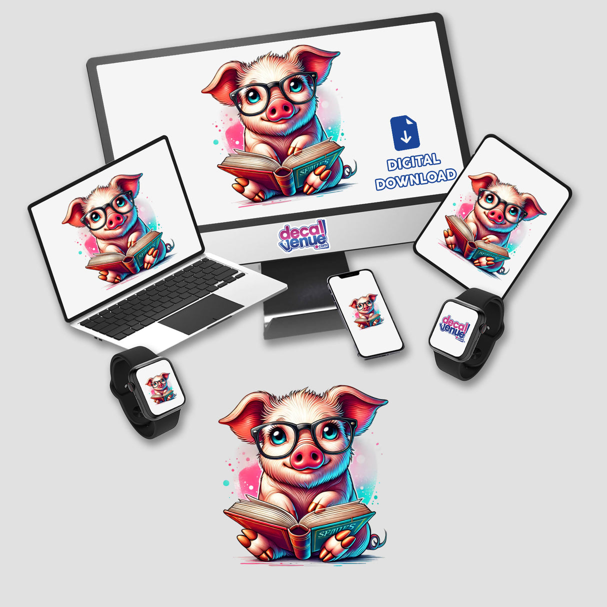 Pig in Reading Glasses with Book displayed on a computer monitor, laptop, tablet, and smartwatch, available as unique stickers or digital artwork.