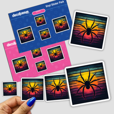 Spider Silhouette with Dynamic Color Stripes Halloween sticker featuring a bold spider design held by a hand, showcasing its vibrant and striking visual appeal.