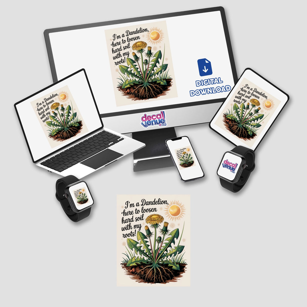 Dandelion Soil Savior Clipart & Sticker featuring a vibrant dandelion plant with roots and sun, designed for versatile use as stickers or digital artwork with commercial rights.