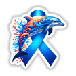 Dolphin Blue Ribbon Colon Cancer Awareness design features a cartoon dolphin adorned with colorful patterns and a blue ribbon, available as stickers or digital artwork from Decal Venue.