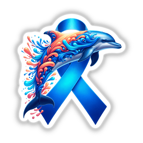 Dolphin Blue Ribbon Colon Cancer Awareness design features a cartoon dolphin adorned with colorful patterns and a blue ribbon, available as stickers or digital artwork from Decal Venue.