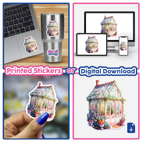 Fairy Tale Cottage Sticker | Whimsical Flower-Filled Design: A collage of stickers featuring a charming house, perfect for laptops or cups, available as unique stickers or digital artwork from Decal Venue.