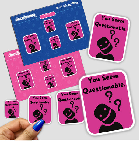 You Seem Questionable- Pink stickers featuring a black face and question marks, held in a hand, showcasing unique design available as stickers or digital artwork from Decal Venue.
