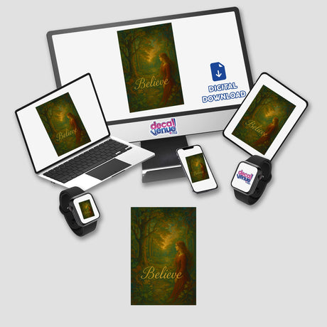 Believe Pre-Raphaelite Fluid Art Sticker or Clipart, showcasing a motivational nature design. Available as stickers or digital artwork, this item includes commercial rights from Decal Venue's unique collection.