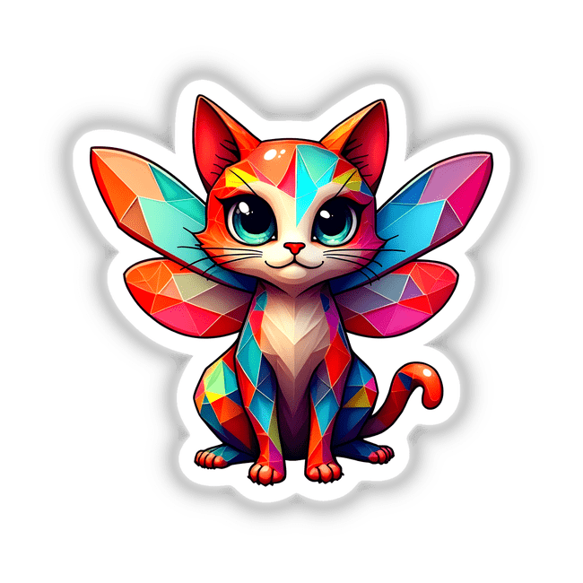 Cute Geometric Fairy Cat illustration featuring a winged cartoon cat, available as stickers or digital artwork at Decal Venue, highlighting unique and whimsical design elements.