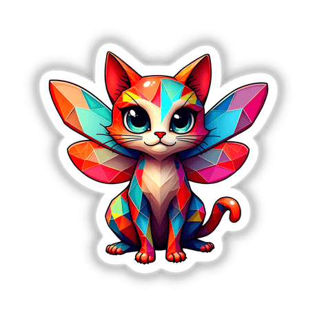 Cute Geometric Fairy Cat illustration featuring a winged cartoon cat, available as stickers or digital artwork at Decal Venue, highlighting unique and whimsical design elements.