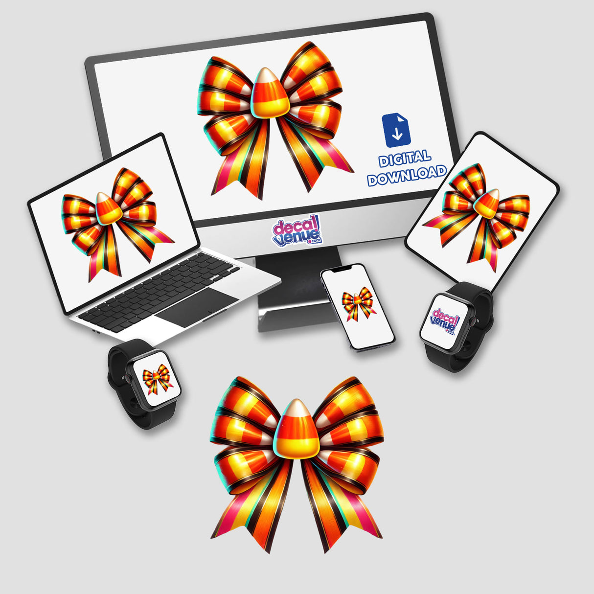 Candy Corn Coquette Bow Halloween displayed on a computer monitor and laptop screens, available as stickers or digital artwork.