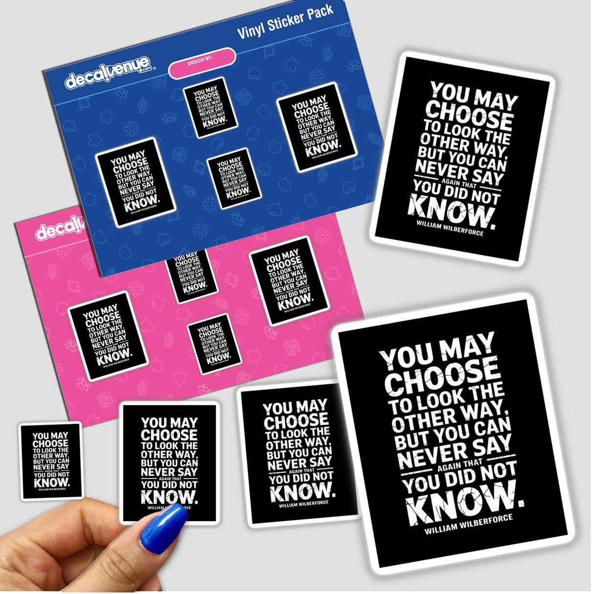 Hand holding William Wilberforce Distressed Quote Design sticker pack, showcasing unique typography available as stickers or digital artwork with commercial rights from Decal Venue.