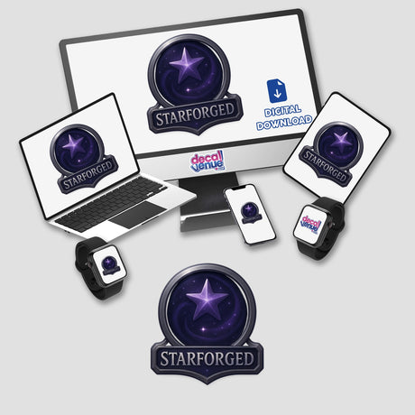 Starforged – RPG-Style Skill Badge featuring a detailed silver and violet galaxy emblem, available as unique stickers or digital artwork, ideal for role-playing enthusiasts.