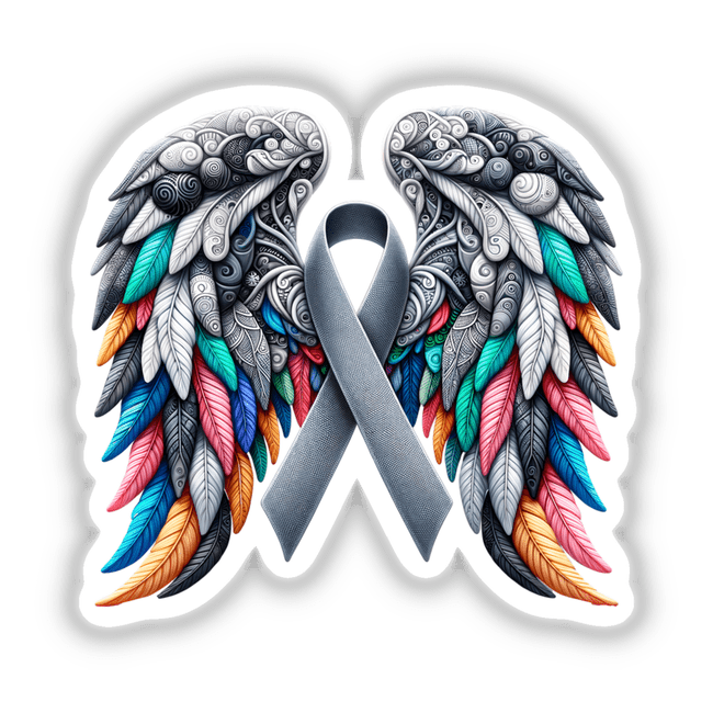 Grey Awareness Ribbon with Wings featuring colorful feather accents, available as stickers or digital artwork from Decal Venue, known for unique vinyl stickers and digital art offerings.