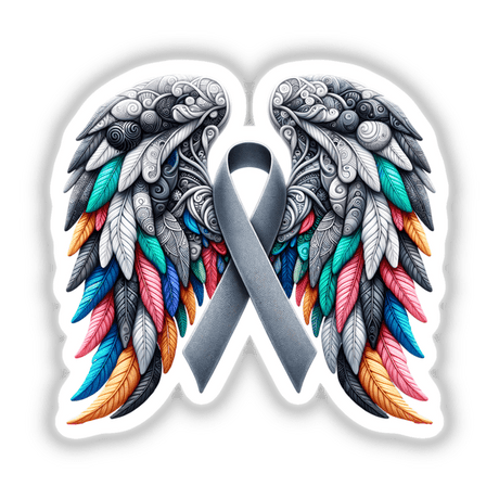 Grey Awareness Ribbon with Wings featuring colorful feather accents, available as stickers or digital artwork from Decal Venue, known for unique vinyl stickers and digital art offerings.