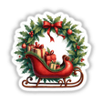 Vintage Sleigh with Presents in a Christmas Wreath digital artwork, featuring a festive sleigh filled with gifts nestled in a decorative wreath, ideal for stickers or digital downloads from DecalVenue.