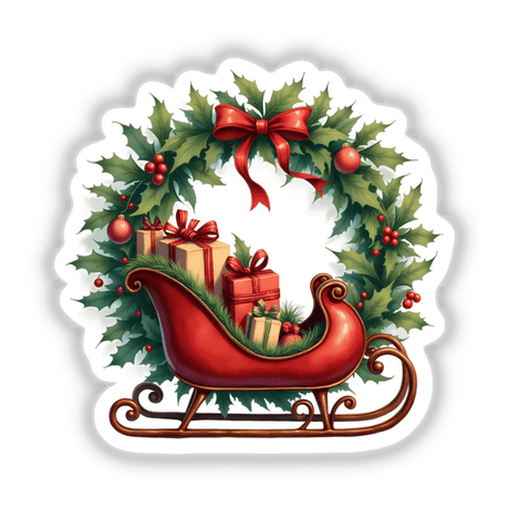 Vintage Sleigh with Presents in a Christmas Wreath digital artwork, featuring a festive sleigh filled with gifts nestled in a decorative wreath, ideal for stickers or digital downloads from DecalVenue.