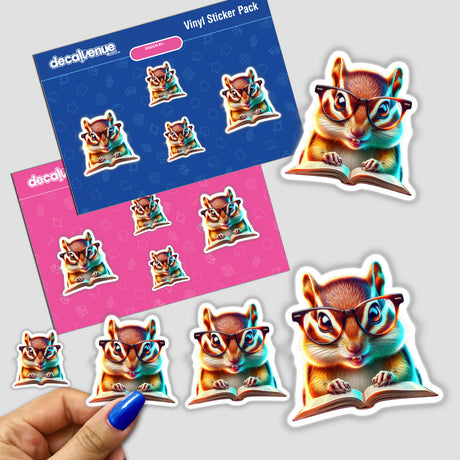 Chipmunk With Reading Glasses Open Book sticker, featuring a cartoon chipmunk wearing glasses engrossed in a book, available as a sticker or digital artwork from Decal Venue's unique collection.