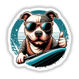 Retro Surfing Thumbs Up Pitbull cartoon featuring a dog in sunglasses holding a surfboard, available as stickers or digital artwork from Decal Venue.
