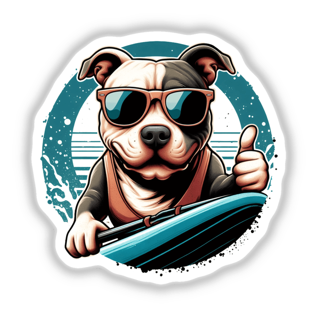 Retro Surfing Thumbs Up Pitbull cartoon featuring a dog in sunglasses holding a surfboard, available as stickers or digital artwork from Decal Venue.