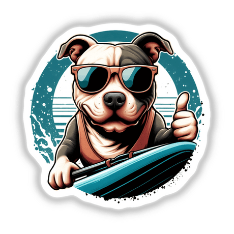 Retro Surfing Thumbs Up Pitbull cartoon featuring a dog in sunglasses holding a surfboard, available as stickers or digital artwork from Decal Venue.