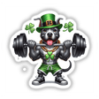 Irish Leprechaun Workout Pitbull Dog III cartoon showing a dog lifting a barbell, available as stickers or digital artwork. Perfect for fitness and dog lovers from Decal Venue.