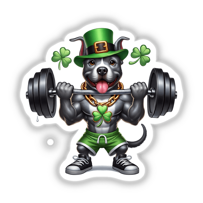 Irish Leprechaun Workout Pitbull Dog III cartoon showing a dog lifting a barbell, available as stickers or digital artwork. Perfect for fitness and dog lovers from Decal Venue.