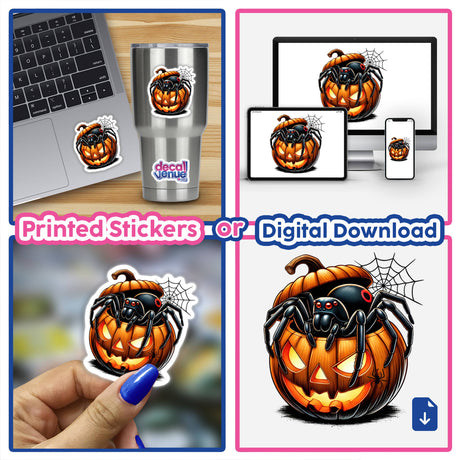 Black Widow Spider Peeking Out of Pumpkin Halloween - Digital Artwork for Stickers and Downloads