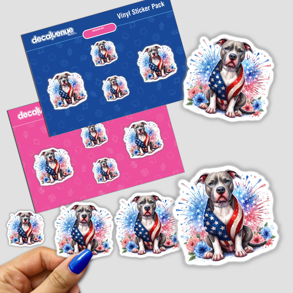 Patriotic American pitbull dog digital artwork stickers with fireworks in colorful design, available from Decal Venue online store.