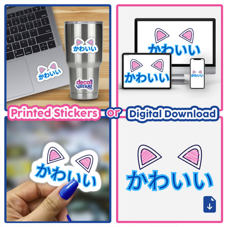 Collage showcasing Kawaii - Japanese stickers, featuring a cat face design on a laptop and a finger holding another sticker, emphasizing unique, playful digital artwork and decals.